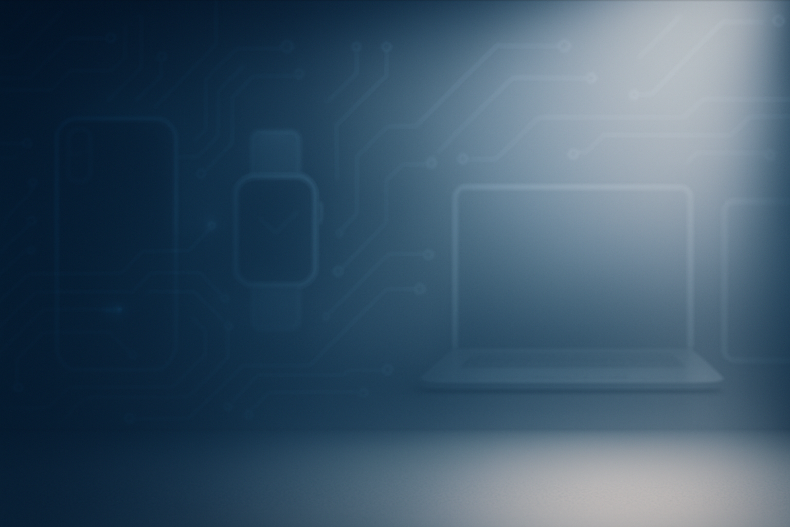 A sleek, modern electronics store background with a gradient of deep blue and silver tones, featuring subtle glowing circuit patterns and faint outlines of gadgets such as smartphones, laptops, and smartwatches, softly blurred to keep the focus on products. Minimalistic and futuristic look, with clean lighting and a high-tech atmosphere.